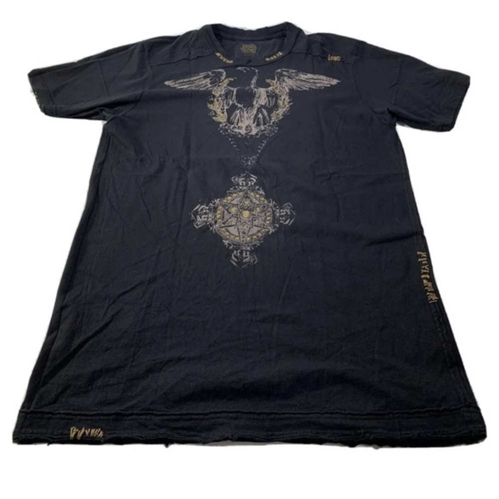 Kings Of Glory V Neck‎ Tee Shirt Black S/S Mens Sz L Bird Jewel Print Big Stitch